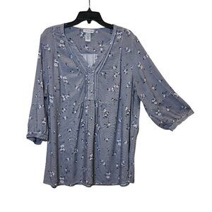 Catherines 1X Blue White Floral Striped 3/4 Sleeve V Neck Tunic Top Boho Peasant